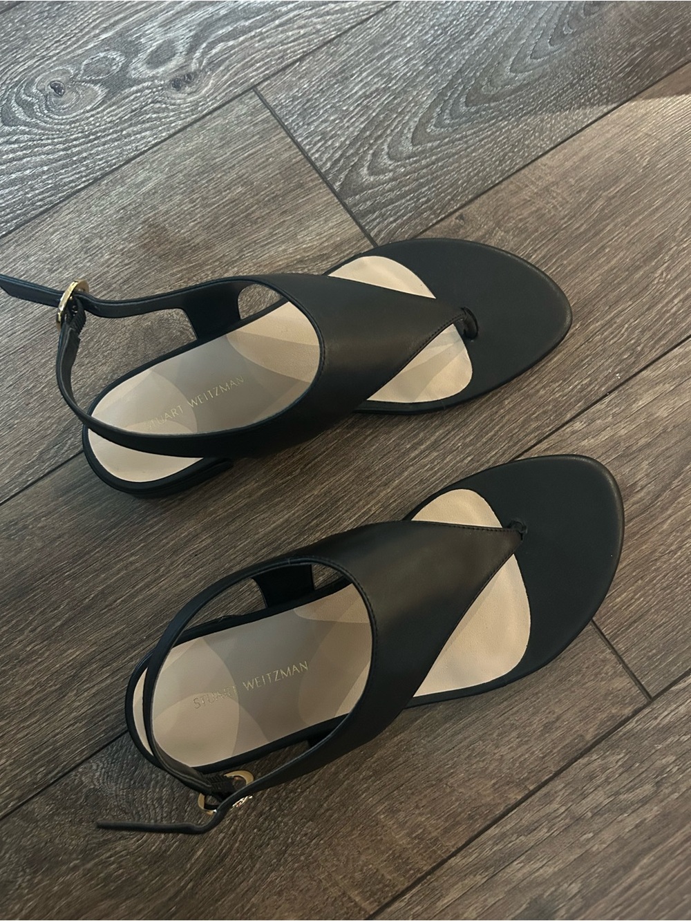 Stuart Weitzman Black Leather T-Strap Toe-Ring Sandals